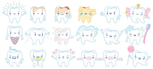 Cartoon tooth mascot. Happy smiling teeth treatment characters, toothpaste and toothbrush. Dental mascots vector illustration set. Toothache cleaning floss, hygiene toothbrush