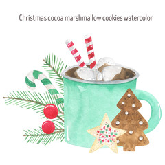 Christmas composition watercolor cocoa cookies marshmallow