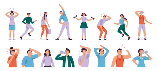 Sweating people. Sweaty man with wet underarms, gymnastically tired girl and unpleasant underarm smell vector set. Man and woman sweat, sweaty and sweating body illustration