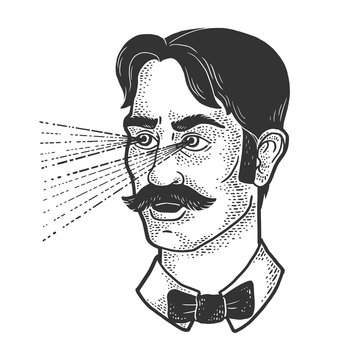 Old fashioned gentleman beams rays out of his eyes sketch engraving vector illustration. T-shirt apparel print design. Scratch board imitation. Black and white hand drawn image.
