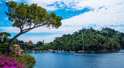Fototapeta na wymiar Scenic picture-postcard view of famous with wonderful gulf, luxury villas in mediterranean garden, rock and boats, yachts in spectacular vacation resort, Portofino, Liguria, Italy, Europe.