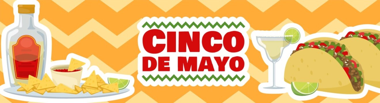 Cinco de mayo horizontal banner, mexican traditional fiesta. Tacos, nachos chips and and tequila. Vector