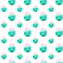 Emerald with pink top Easter egg seamless pattern. Hand drawing watercolor sketch on white background. Colorful illustration. Picture can be used in greeting cards, posters, flyers, banners, logo