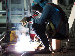 Welding work ,worker with protective welding metal on construction