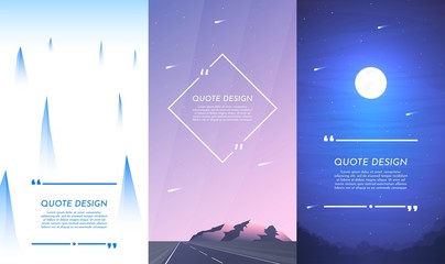Vector illustration. Nature concept. Design for flyers, posters, social media stories with quote box. Flat landscape. Misty tops of mountains, rock near highway road, night scene with moonlight
