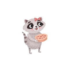 Cute raccoon with cake and bow for girls greeting card, invitation, poster, sticker, print. isolated illustration of funny animal character