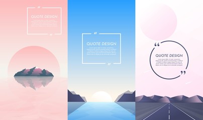 Vector illustration. Nature concept. Design for flyers, posters, social media stories with quote box. Flat landscape. Rock island with water reflection, sunset between hills, road and mountain