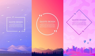 Vector illustration. Nature concept. Design for flyers, posters, social media stories with quote box. Flat landscape. Forest and mountain, woods and hills, city with air balloon. Geometric concept