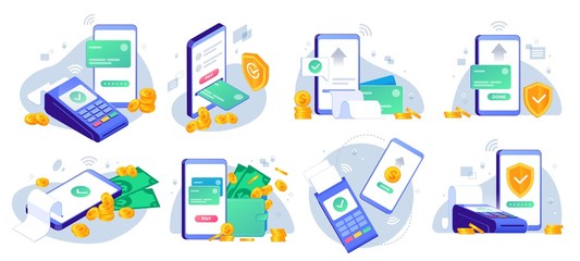 Mobile payments. Online sending money from mobile wallet to bank card, golden coins transfer app and e payment vector illustration set. Mobile payment, business finance pay, transaction online