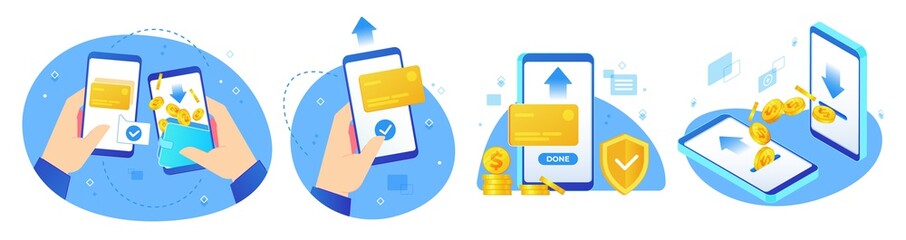 Money transfers. Online shopping, digital payments and hand handing phone with coins transfer app vector illustration set. Payment business, finance shopping label collection