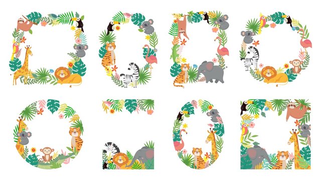 Cartoon animals frame. Jungle animal in tropical leaves, cute frames with tiger, lion, giraffe and elephant vector illustration set. Fauna forest frame, monkey, giraffe and elephant