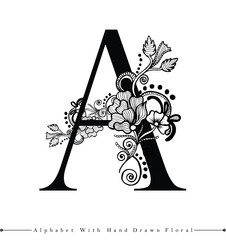 Alphabet Letter with Black and White Hand Drawn Floral Background
