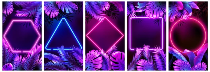 Fotobehang Tropical neon frames. Bright glowing leaves, cyber floral frame and leafs in neon lights vector background set. Neon frame tropical, palm leaf poster illustration © Tartila