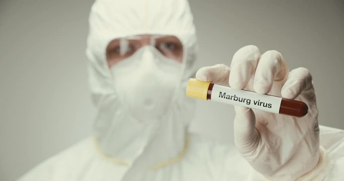 Scientist laboratory protection glasses test tube concept Marburg virus blood gray background showing