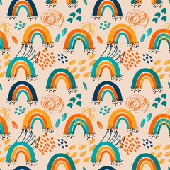 Colorful seamless vector pattern with hand drawn rainbows, childish seamless pattern