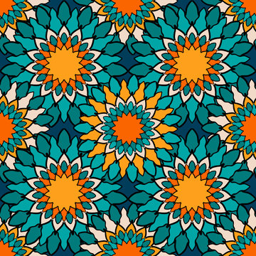 Floral seamless pattern. Islam, Arabic, Indian, ottoman motifs. Seamless texture with a circular vintage elements. Kaleidoscope, medallion, yoga concept. Oriental style.