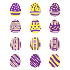 Set of colorful Easter eggs isolated on white background. Set of painted Easter eggs for party, celebration, greeting cards and decoration for Easter. Twelve pieces