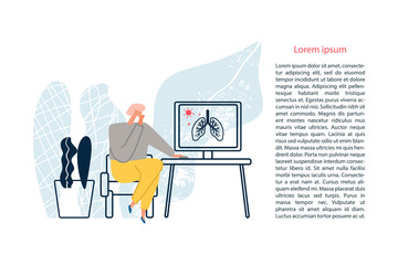 A person searching the information about virus through the Internet. Outbreak of the COVID-19 virus. Prevent infection spreading. Coronavirus pandemic. Vector illustration