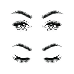 Set open eyes and closed eyes. Beautiful woman face, eyebrows and lush eyelashes, lashes extensions. Beauty Logo. Vector illustration.