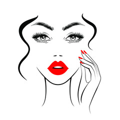 Beautiful sexy face, red lips, hand with red manicure nails, fashion woman, element design, nails studio, curly hairstyle, hair salon sign, icon. Beauty Logo. Vector illustration. Hand drawing style.