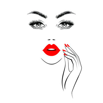 Beautiful girl face with red lips, lush eyelashes, hand with red manicure nails. Beauty Logo. Vector illustration
