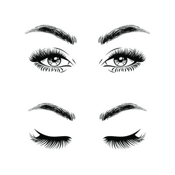 Set open eyes and closed eyes. Beautiful woman face, eyebrows and lush eyelashes, lashes extensions. Beauty Logo. Vector illustration.