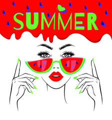 Bright summer banner with beautiful fashion woman in watermelon sunglasses, red lips, colorful nails manicure. Abstract background, fashion wallpaper. Vector illustration.