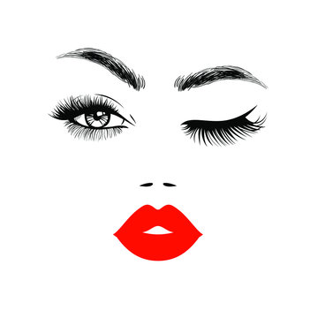Beautiful woman face with red lips, eyebrows and lush eyelashes, one open eye and other closed, Beauty Logo. Vector illustration.