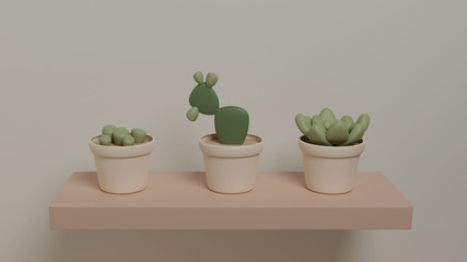Cactus, prickly pear and succulent plant on a shelf 3D design