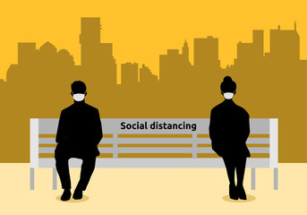 Two people Sitting in the park. Sitting distance of 2 meter. keep distance protect to prevent from Coronavirus (COVID-19) spreading, social isolation, self quarantine. vector illustration.