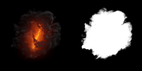 Isolated abstract lightning and smoke with turbulent motion, Multi-color powder, fog, smoke explosion. alpha channel with black/white matte for post-production, digital composition. 3D render
