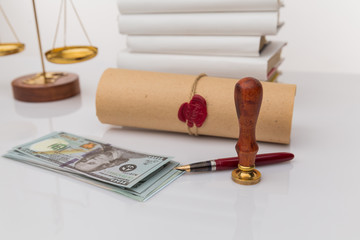 Notary's public pen and stamp on testament and last will. Notary public tools