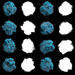 Isolated abstract blue smoke with turbulent motion, Multi-color powder, fog, smoke explosion. alpha channel with black/white matte for post-production, digital composition. 3D render