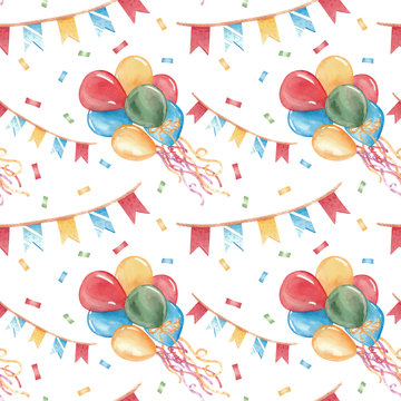 Hand-drawn seamless watercolor pattern with colorful balloons, flags and confetti. Bright background for wrapping paper, greeting cards, banners, design and decorations.
