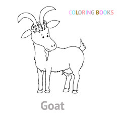 Cute pet - goat. Black and white vector illustration for coloring books