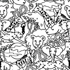 Seamless vector pattern animal line art. Black and white safari wallpaper design for children. Outlined African hand drawn background sketch with elephant, giraffe and lions.
