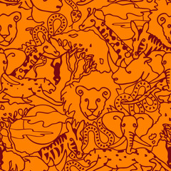 Seamless vector pattern with safari animals on orange background. Simple African line art wallpaper design for children.