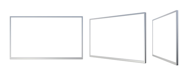Set of Different Angles of Empty Silver Metallic TV Screens Isolated on White Background. 3D Render of LCD or LED Flat Monitors.