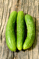 Several large fresh cucumbers on a wooden table. The texture of green vegetables.