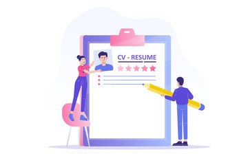 Recruitment or headhunting agency. People creating an ideal resume for job candidate with a good feedback. Concept of recruitment, headhunting and employment. CV application. Vector illustration.