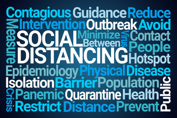 Social Distancing Word Cloud on Blue Background