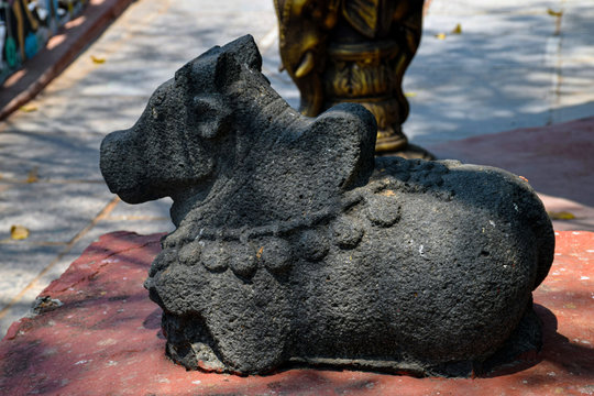 Picture of ancient statue of bull in old hindu temple