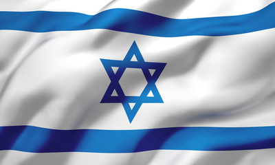 Flag of Israel blowing in the wind. Full page Israeli flying flag. 3D illustration.