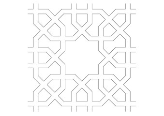 Black and white 2D CAD drawing of Islamic pattern. Islamic patterns use elements of geometry that are repeated in their designs.