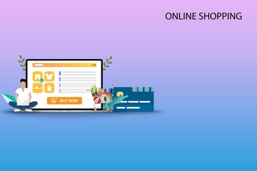 Concept of online shopping, young man searching to find a new pant on his laptop that place near supermarket basket and credit card in pastel color background.