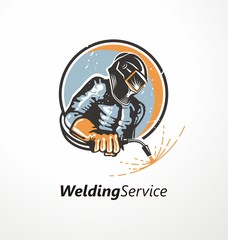 Industrial worker with welding mask holding welding machine. Logo design idea with welder and sparks. Metal industry symbol graphic. Vector icon.