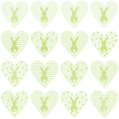 Vector set of green hearts with bunnies