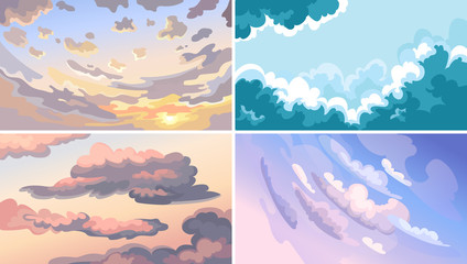 Set of sky landscapes. Beautiful clouds in cartoon style.