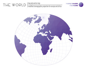 World map in polygonal style. Modified stereographic projection for Europe and Africa of the world. Purple Shades colored polygons. Beautiful vector illustration.