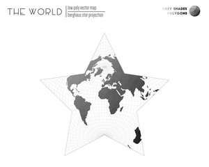 Polygonal map of the world. Berghaus star projection of the world. Grey Shades colored polygons. Modern vector illustration.